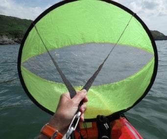 Folding sail for kayaking, featuring waterproof fabric and transparent window.