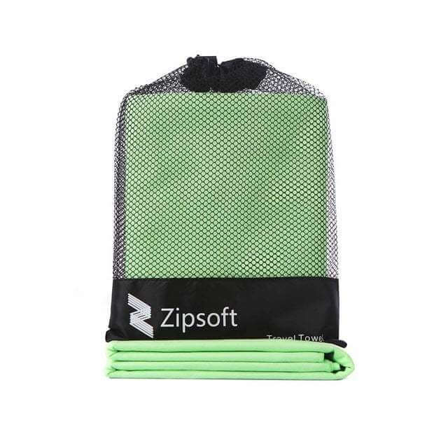 Zipsoft microfiber beach towel in fruit green with travel pouch.