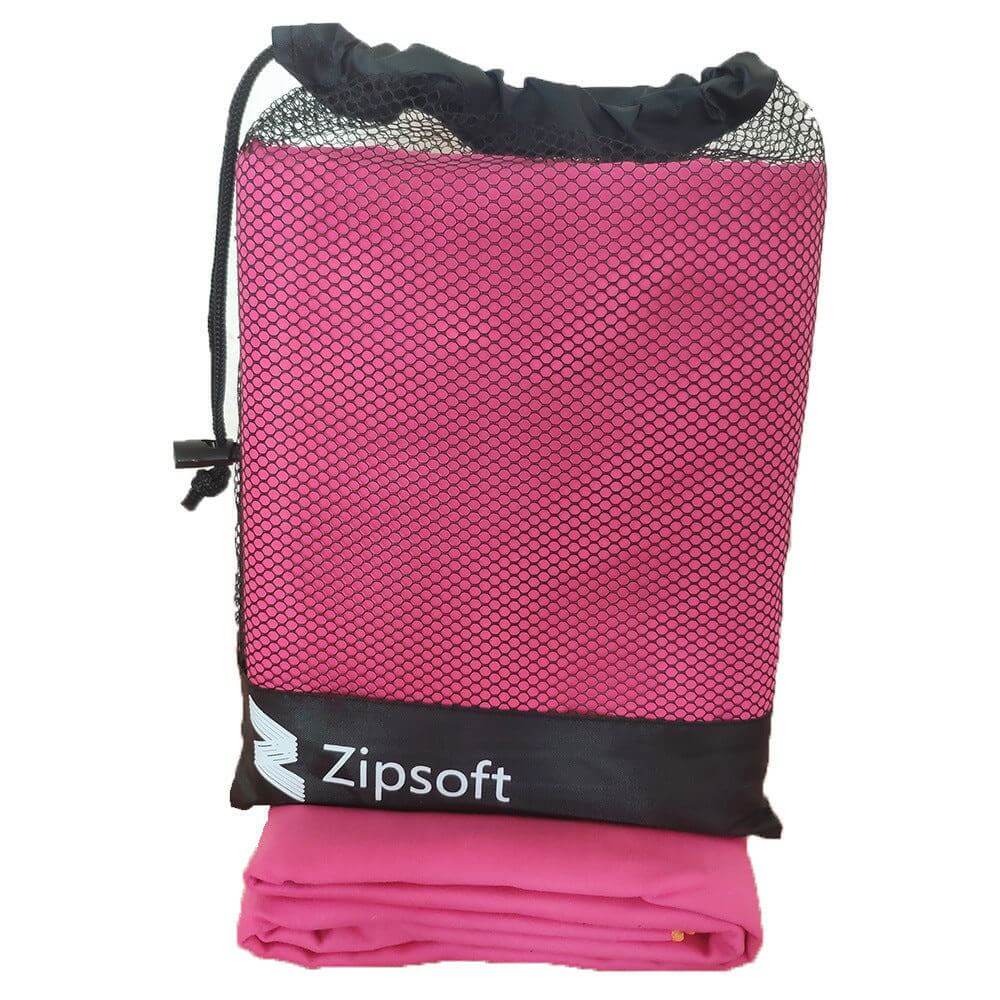 Zipsoft microfiber beach towel in rose red with carry bag.