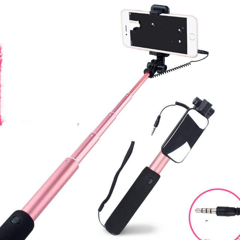 Aluminum alloy selfie stick for iPhone, rose gold, compatible with Apple devices.