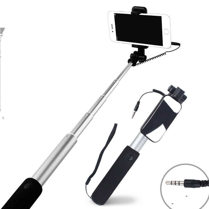 Aluminum alloy selfie stick compatible with Apple, featuring Bluetooth remote control and extendable design.