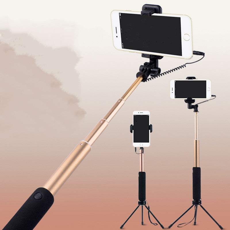 Aluminum alloy selfie stick compatible with iPhone models, rose gold, with tripod and Bluetooth remote.