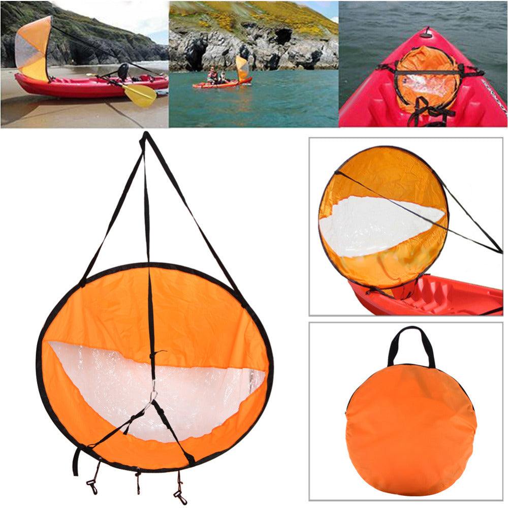 Folding sail for kayaking and paddle boarding, waterproof fabric, high-visibility PVC window, easy to deploy and fold, ideal for beginners.