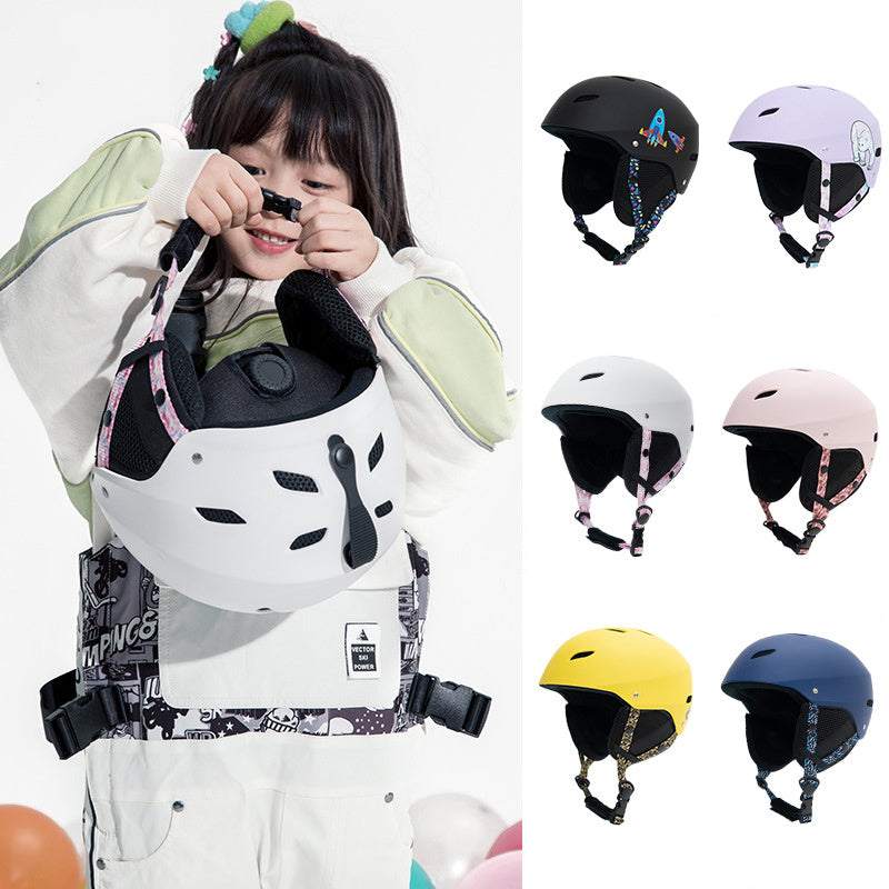 Child wearing ski helmet, available in multiple colors, with EPS+ABS hard shell for skiing and snowboarding.