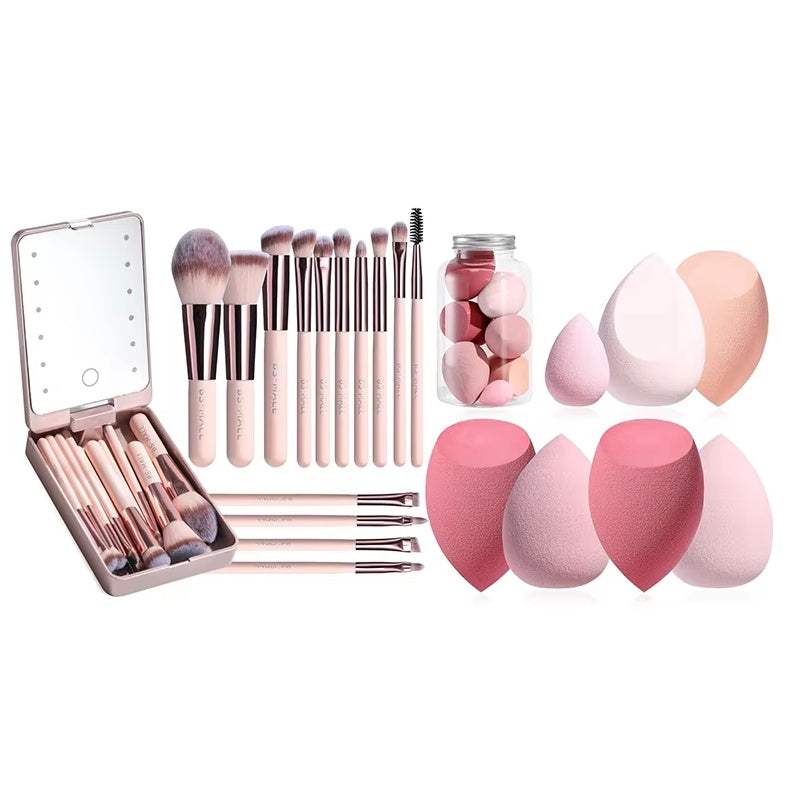 Makeup Brush & Sponge Set with LED Mirror & Storage Case 