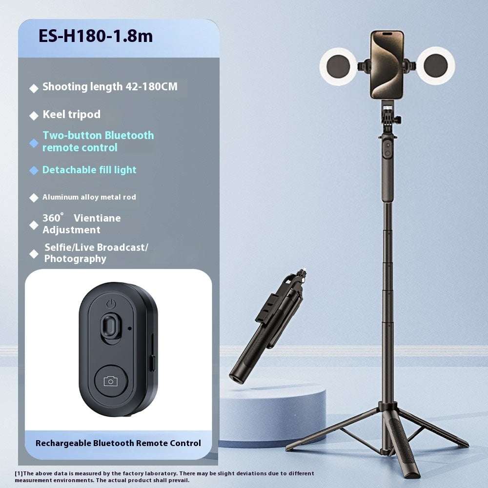 Retractable selfie stick with tripod, detachable fill lights, and Bluetooth remote control for mobile phones.