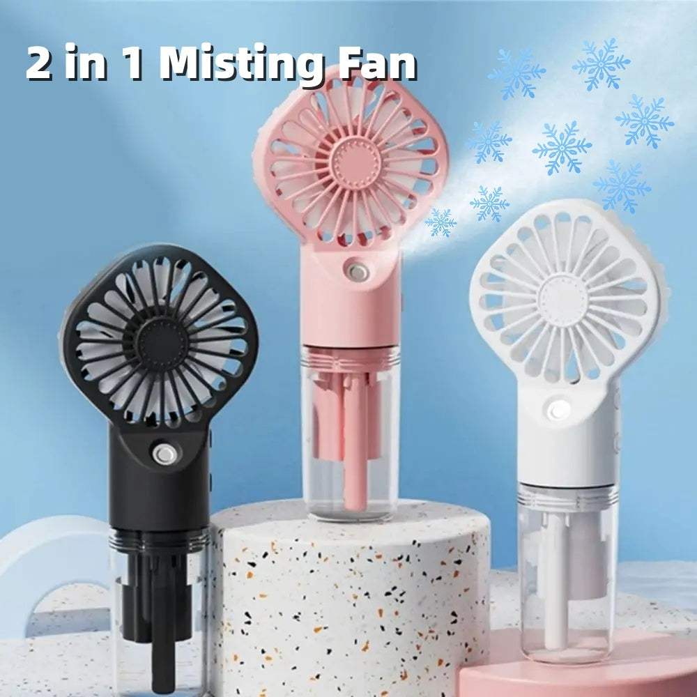 Small USB-Charging Humidifier Fan in Black, White, and Pink with Nano Spray Technology