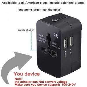 Multi-function travel adapter for overseas use, black, compact design with multiple plug standards.