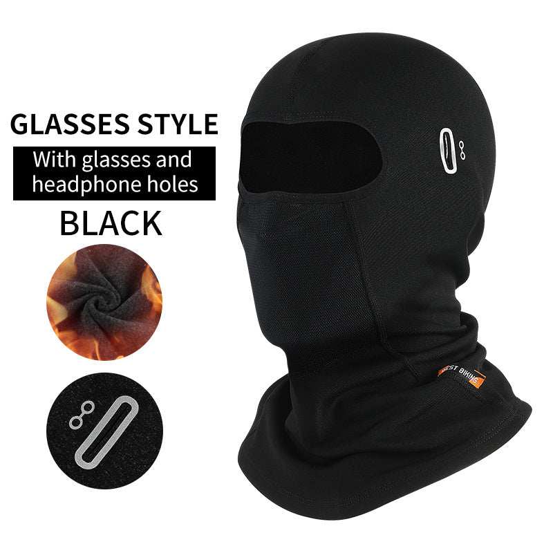 Black fleece ski mask with glasses hole for motorcycle, bicycle, skiing, and snowboarding.