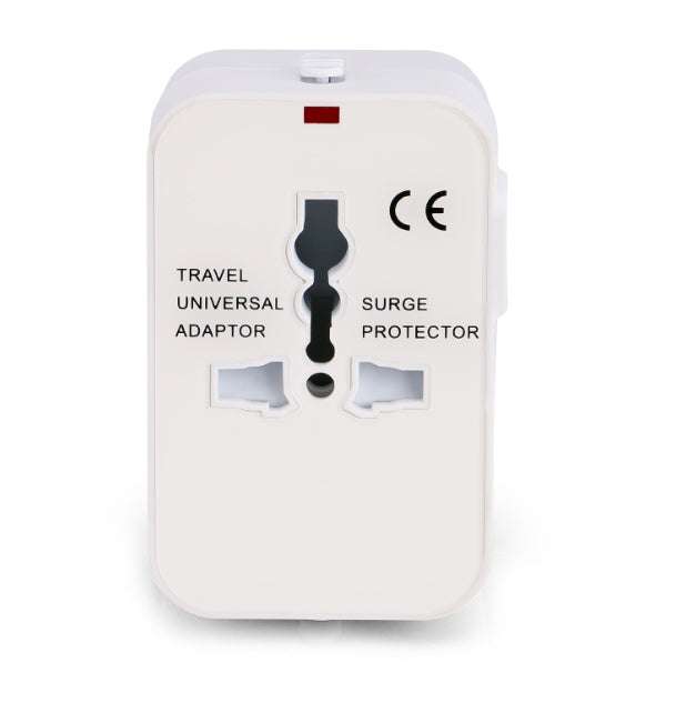 Multi-function travel adapter with universal plug, surge protection, CE certification.