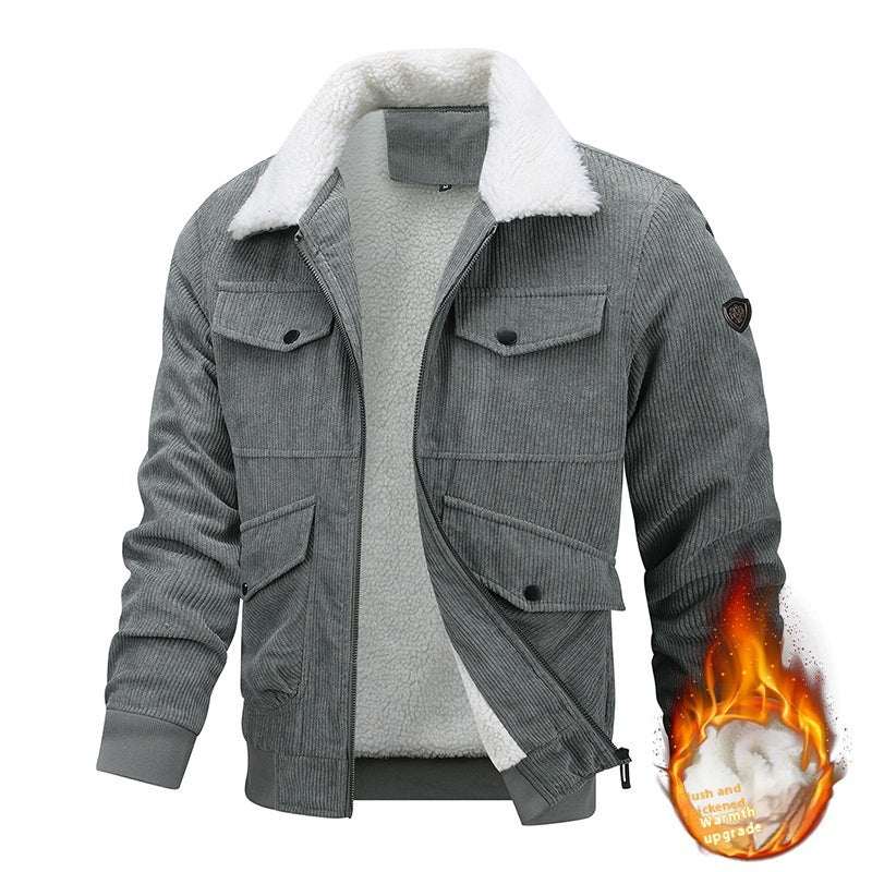 Grey fleece jacket with pockets and white lining, windproof and cold resistant, polyester fiber fabric.