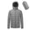 Mens lightweight hooded winter jacket in gray with zip-up front and storage bag.