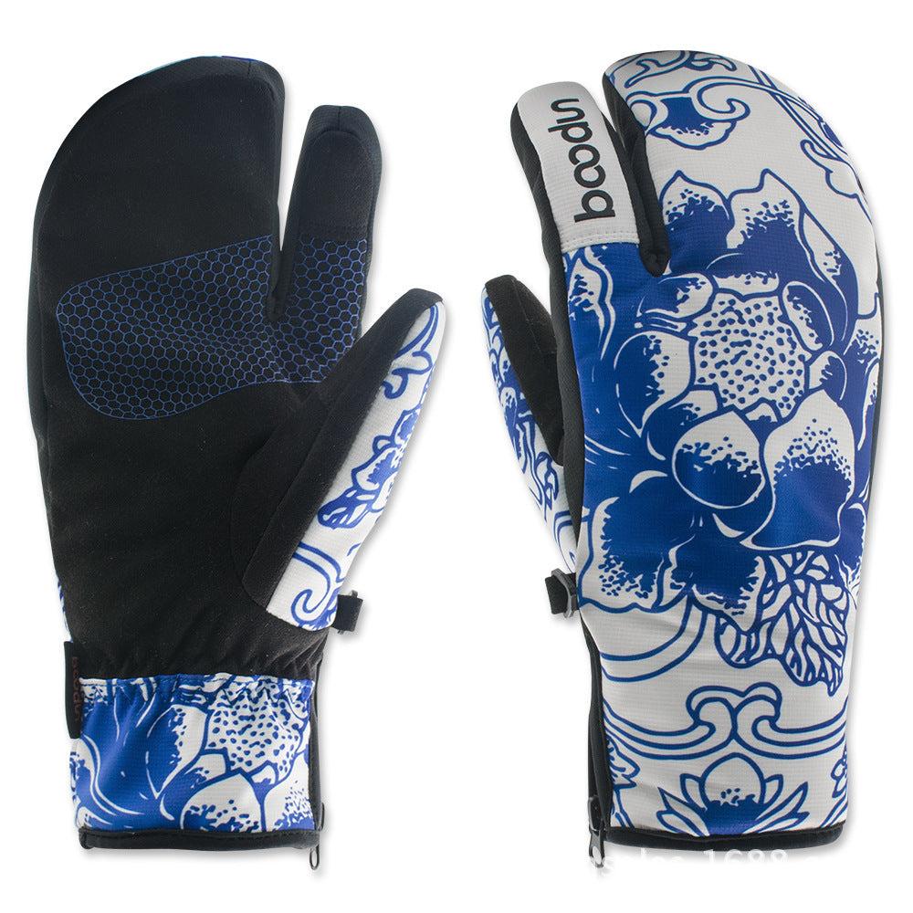 3 finger waterproof ski gloves with blue floral design, checkered polyester material.