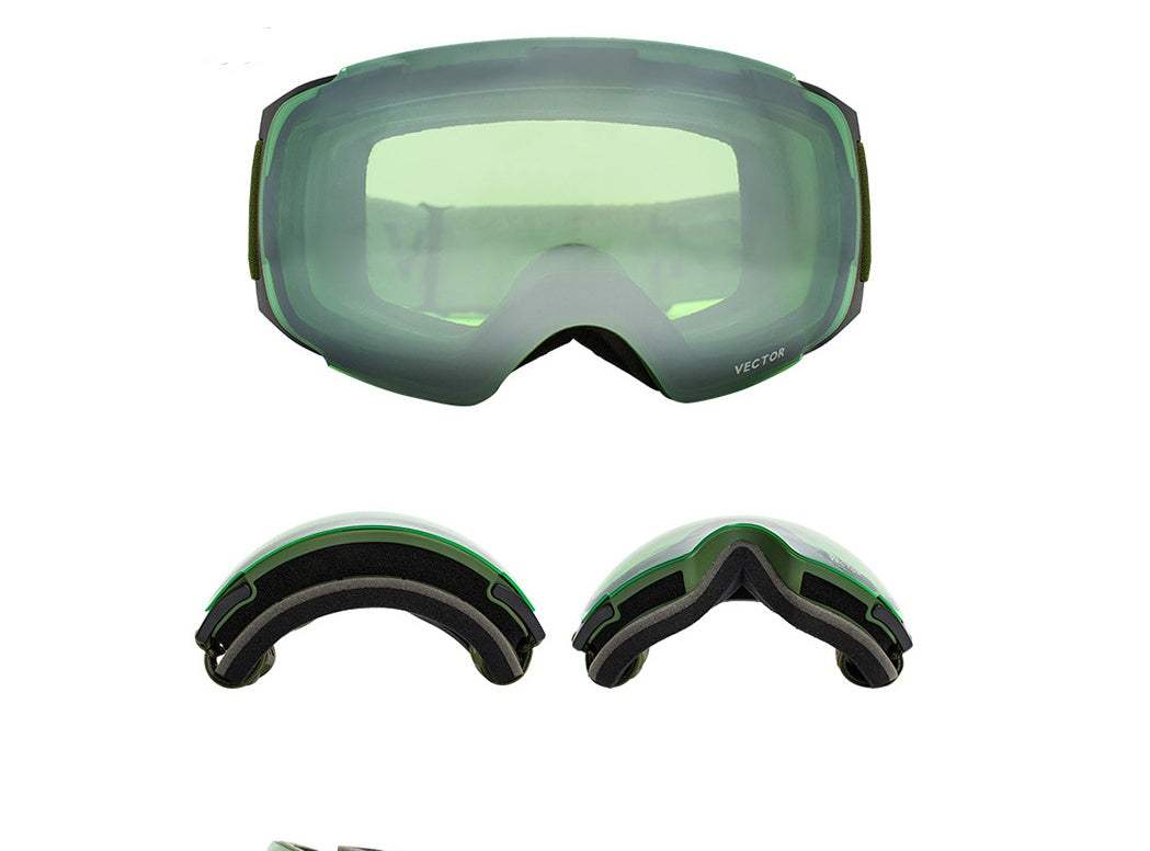 Anti-fog ski goggles with double lens and magnets, available in blue, orange, black, and army green.