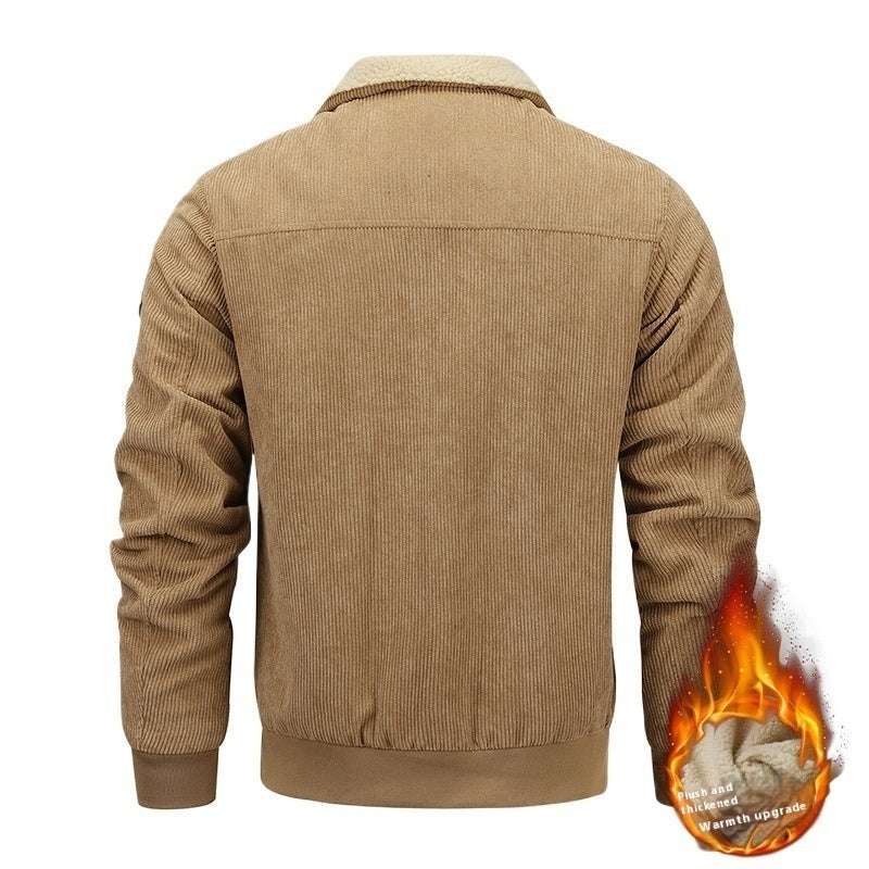 Khaki fleece jacket with pockets and windproof, cold-resistant material.