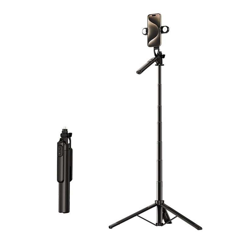 Retractable black aluminum alloy selfie stick with tripod base and mobile phone holder.