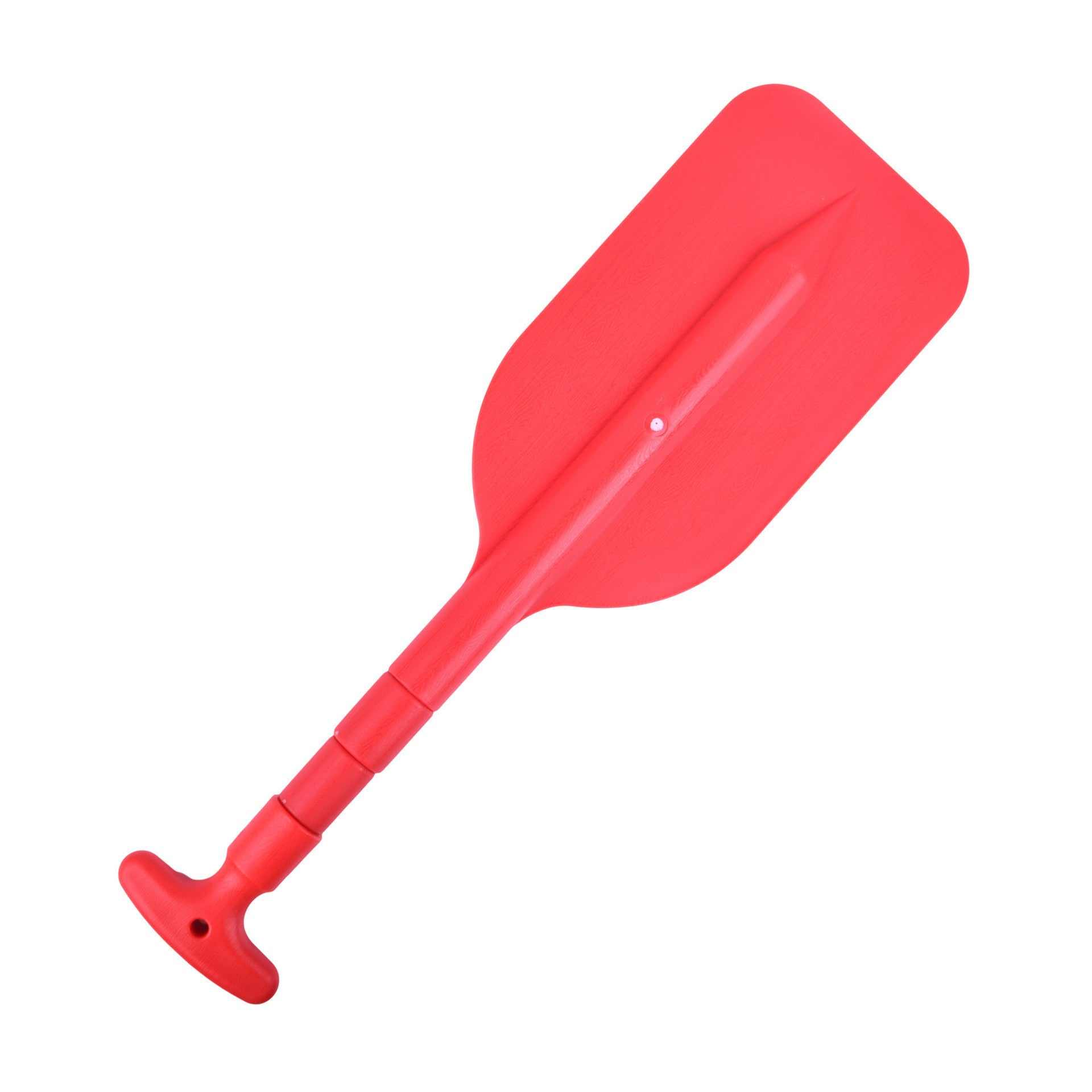 Retractable red paddle with adjustable aluminum alloy shaft for inflatable boats and kayaks.