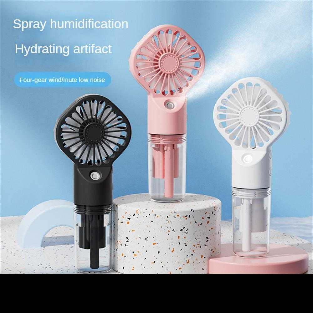 Small humidification fan with USB charging, portable and sleek design in black, pink, and white, featuring four-gear adjustable wind speed and nano spray technology.