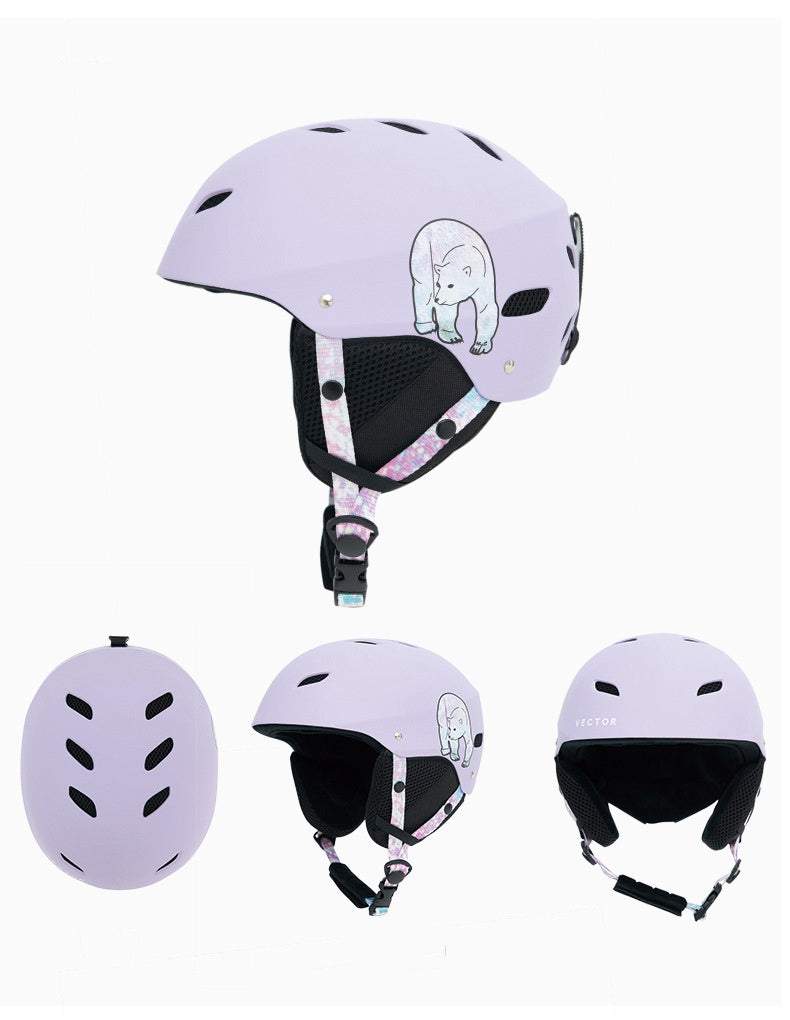 Children's ski helmet with EPS and ABS hard shell for protection in skiing and snowboarding activities.