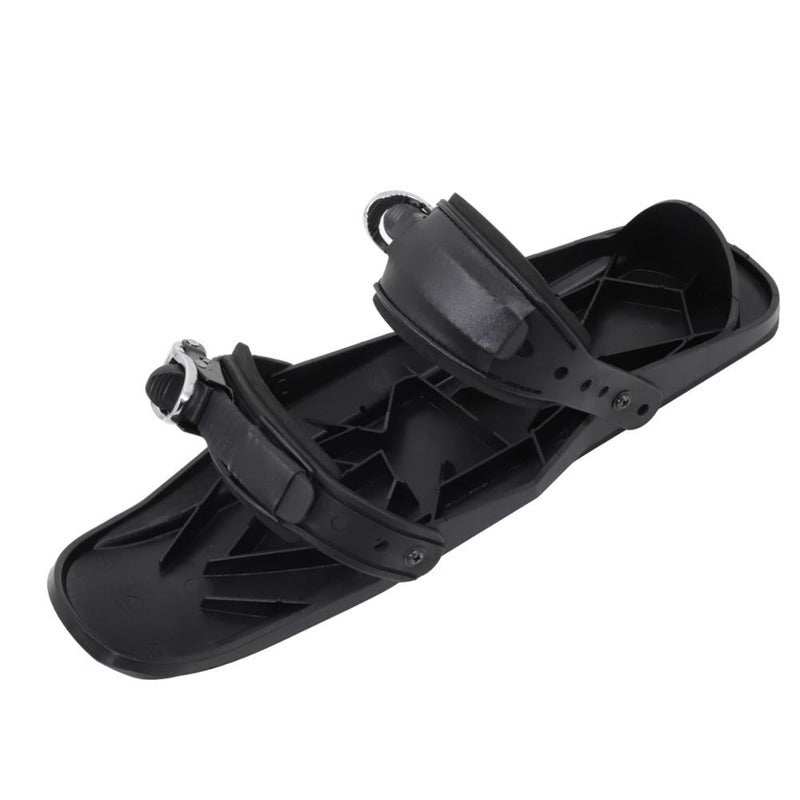 Black sled boots with adjustable bindings for winter sports activities.