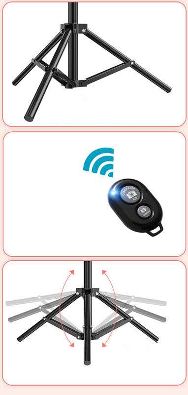 Ring light with metal bracket and remote control for smartphones.