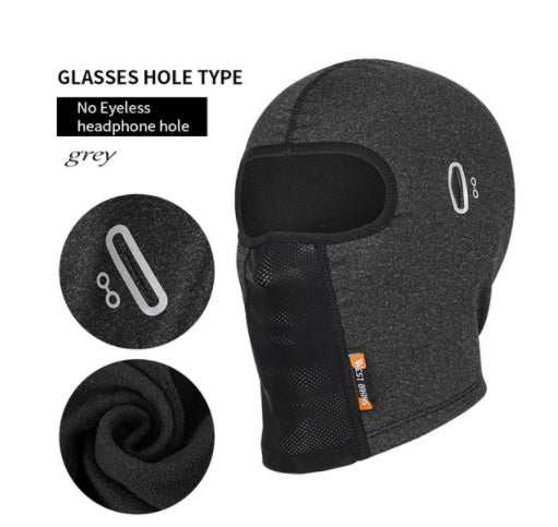 Ski mask with glasses hole, grey color, stretch fleece material for skiing, motorcycle, bicycle use.