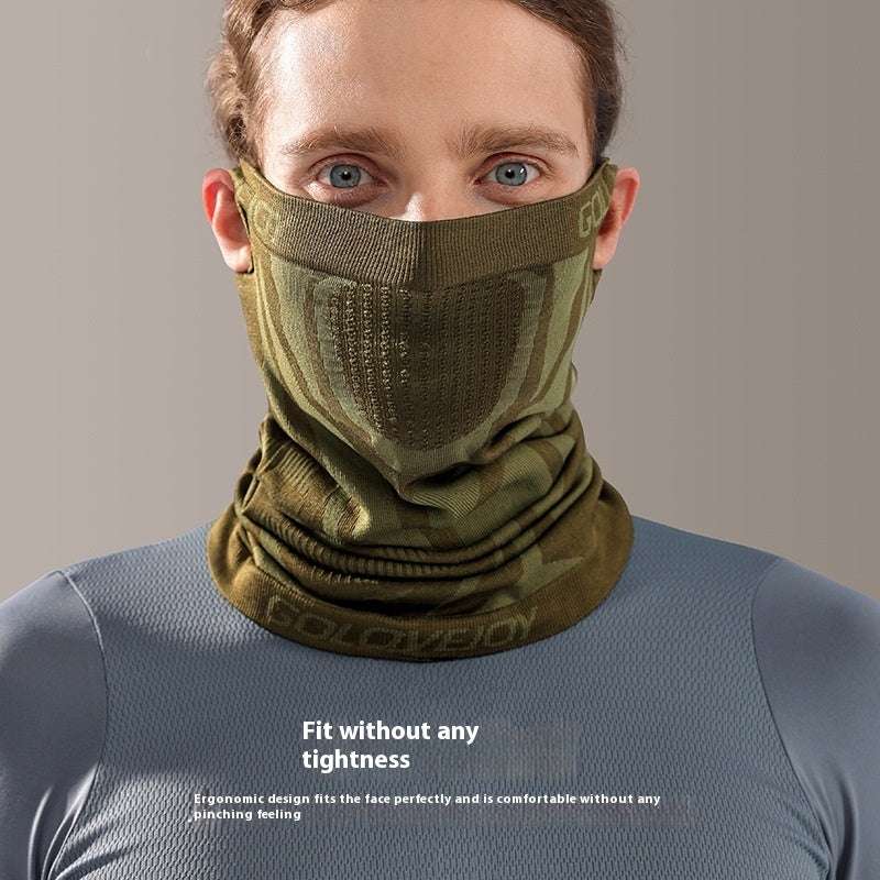 Thermal ski mask with ergonomic fit and ear hanging design in desert yellow.