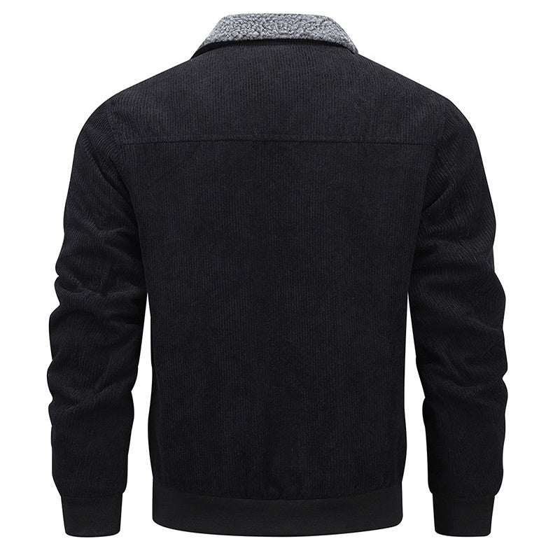 Black fleece jacket with pockets, stylish design, and a comfortable fit.