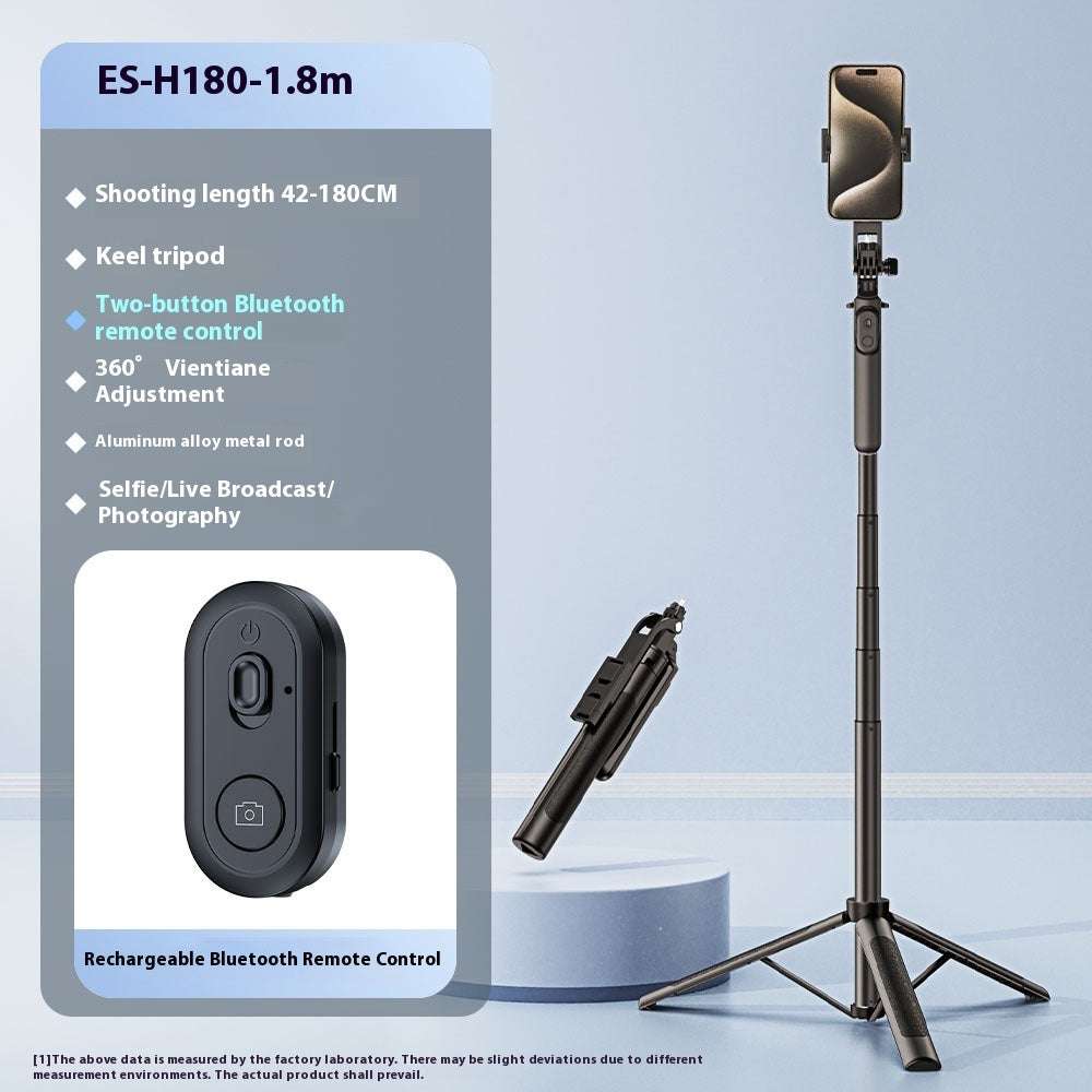 Retractable mobile phone bracket selfie stick with remote control, aluminum alloy material, and adjustable tripod for live broadcast and photography.