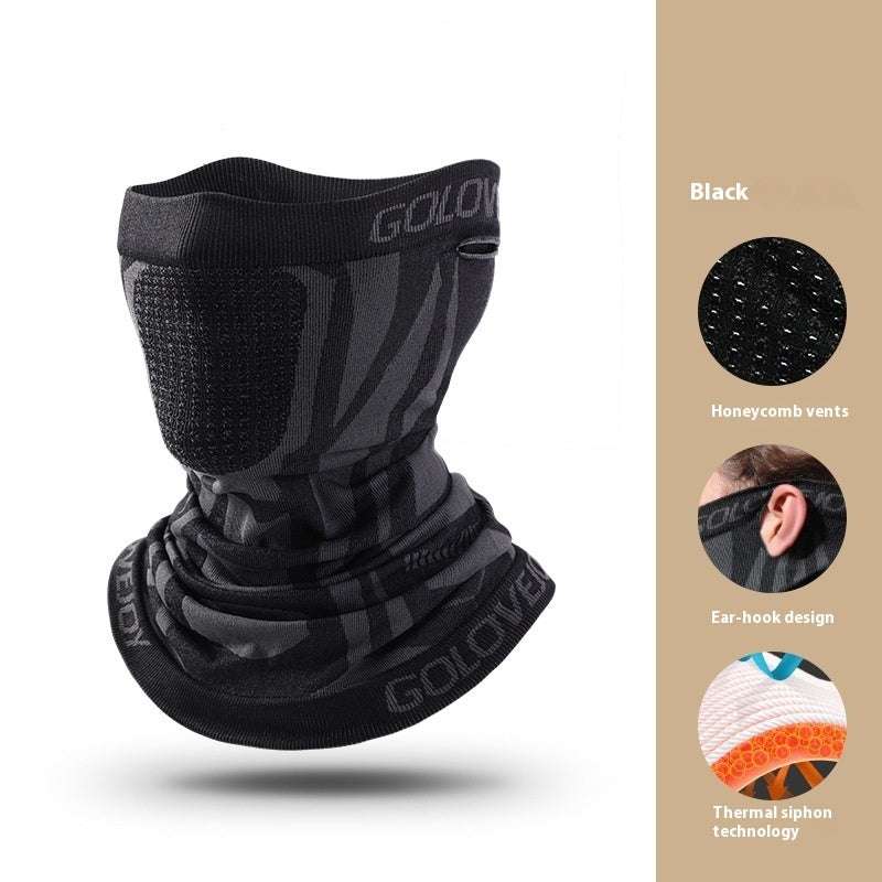 Ski Mask - Ear Hanging Windproof Thermal Headgear, black color with honeycomb vents, ear-hook design, and thermal siphon technology.