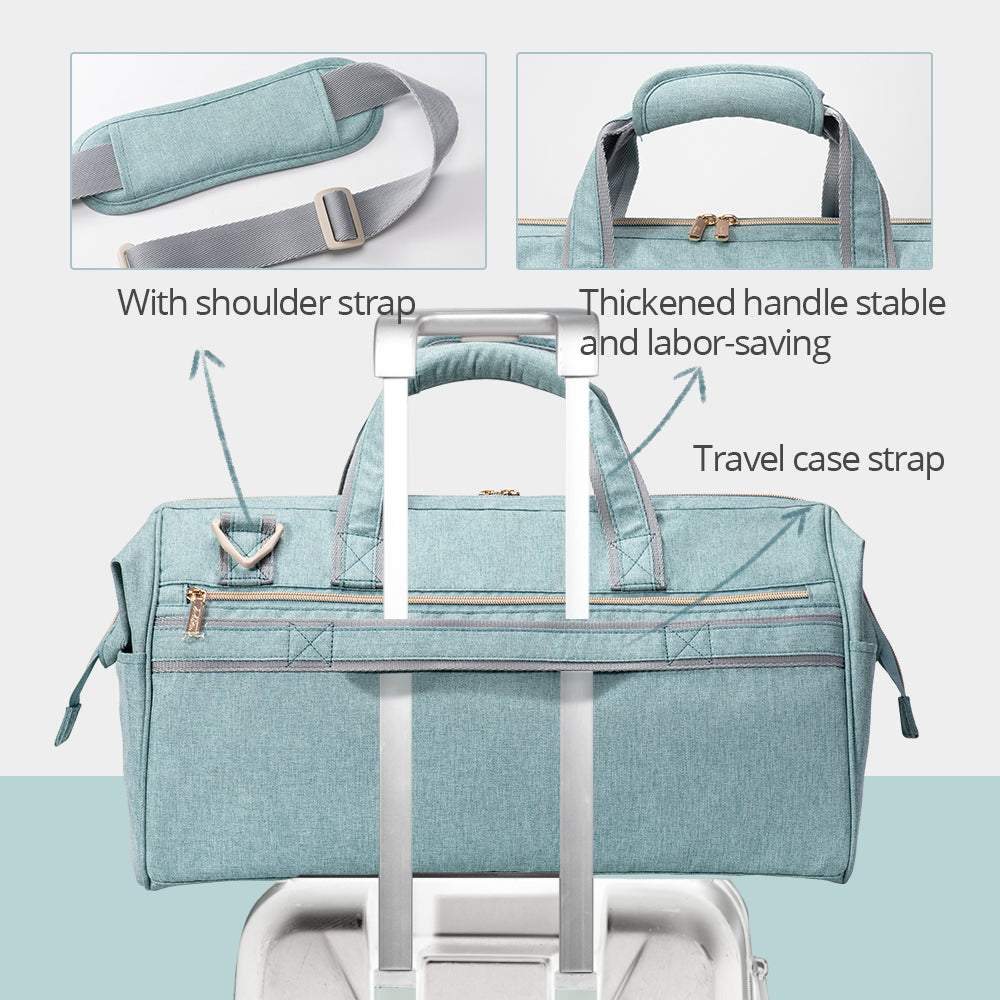 Weekender travel luggage with shoulder strap, thickened handle, and travel case strap.