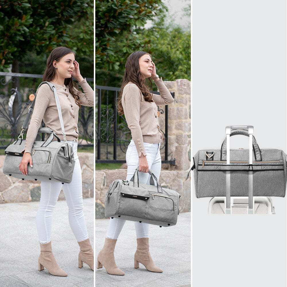 Gray 3 in 1 weekender travel luggage with multiple carry options, ideal for organized travel with baby essentials.