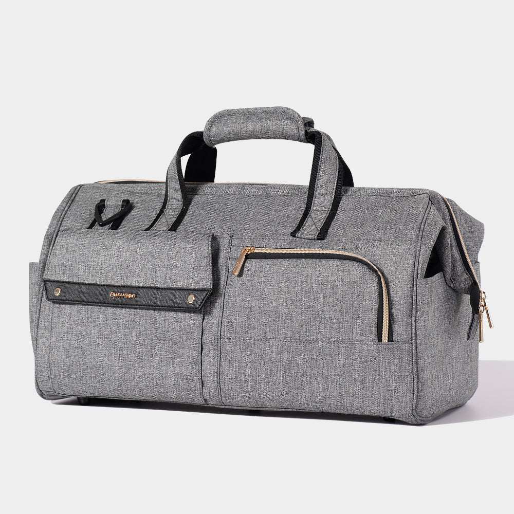 Gray 3 in 1 weekender travel luggage with multiple pockets, water-resistant polyester, and three carry options.