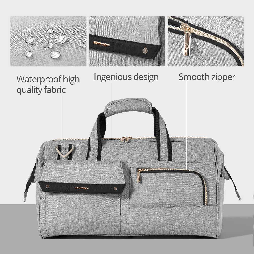 Weekender travel luggage with waterproof fabric, smooth zipper, and multiple carry options.