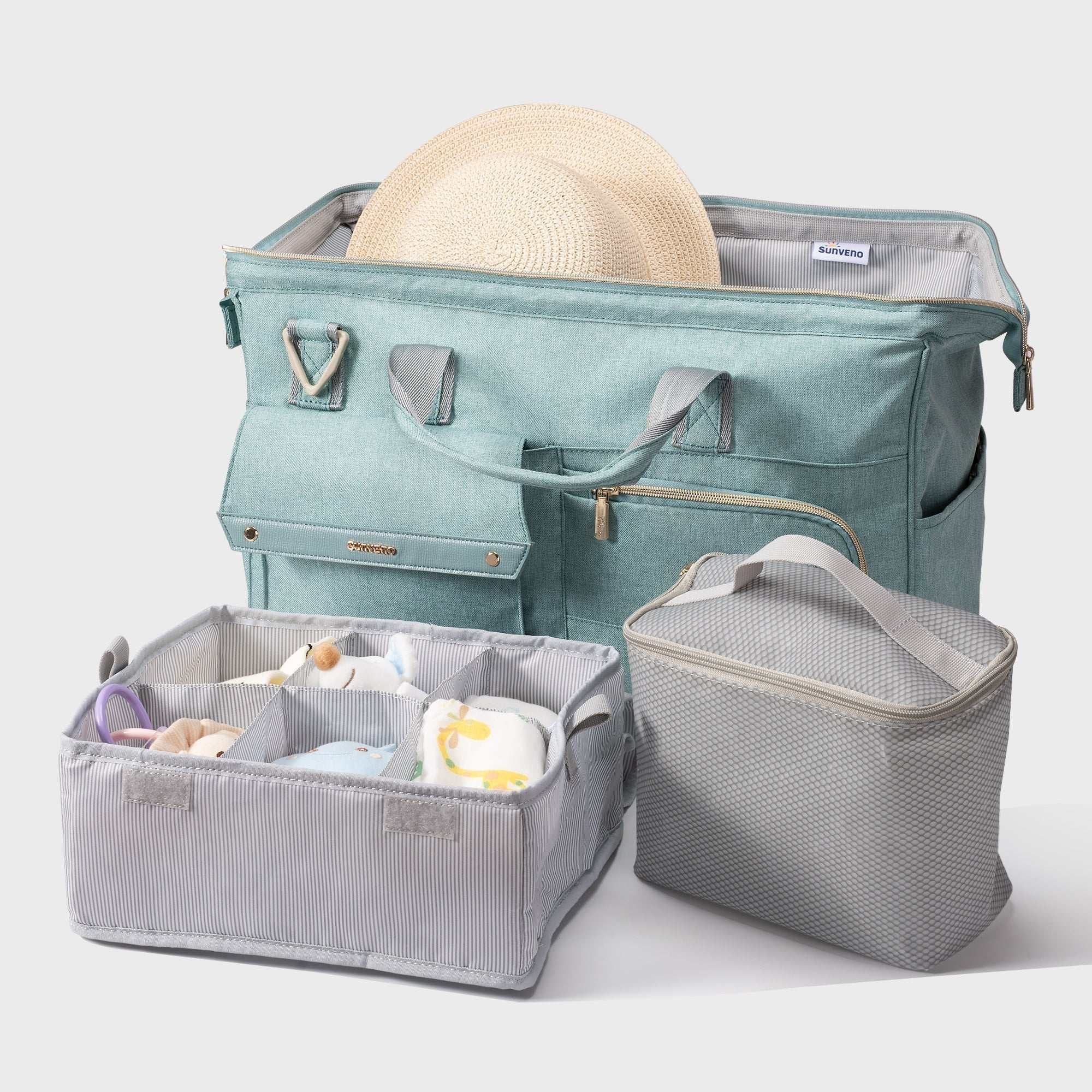 Weekender 3-in-1 travel luggage with large capacity, 11 pockets, waterproof bag, and three carry options in gray and green.