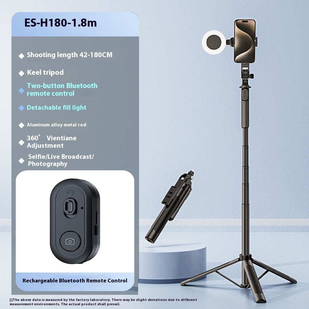 Retractable mobile phone bracket selfie stick with Bluetooth remote, three legs, and detachable fill light.