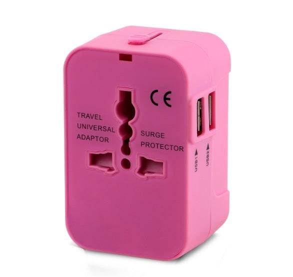 Pink multi-function travel adapter with universal plug compatibility and surge protector.