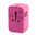 Pink multi-function travel adapter with universal plug compatibility and surge protector.