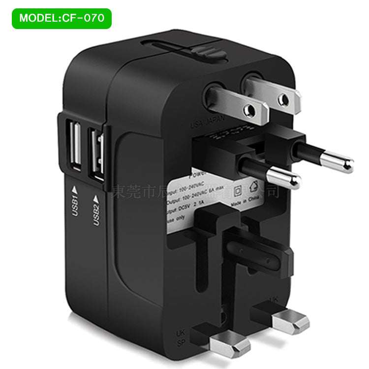 Black multi-function travel adapter with various pin types, suitable for global use, supports 110-240V, 10A, and has a power capacity of 2200W.